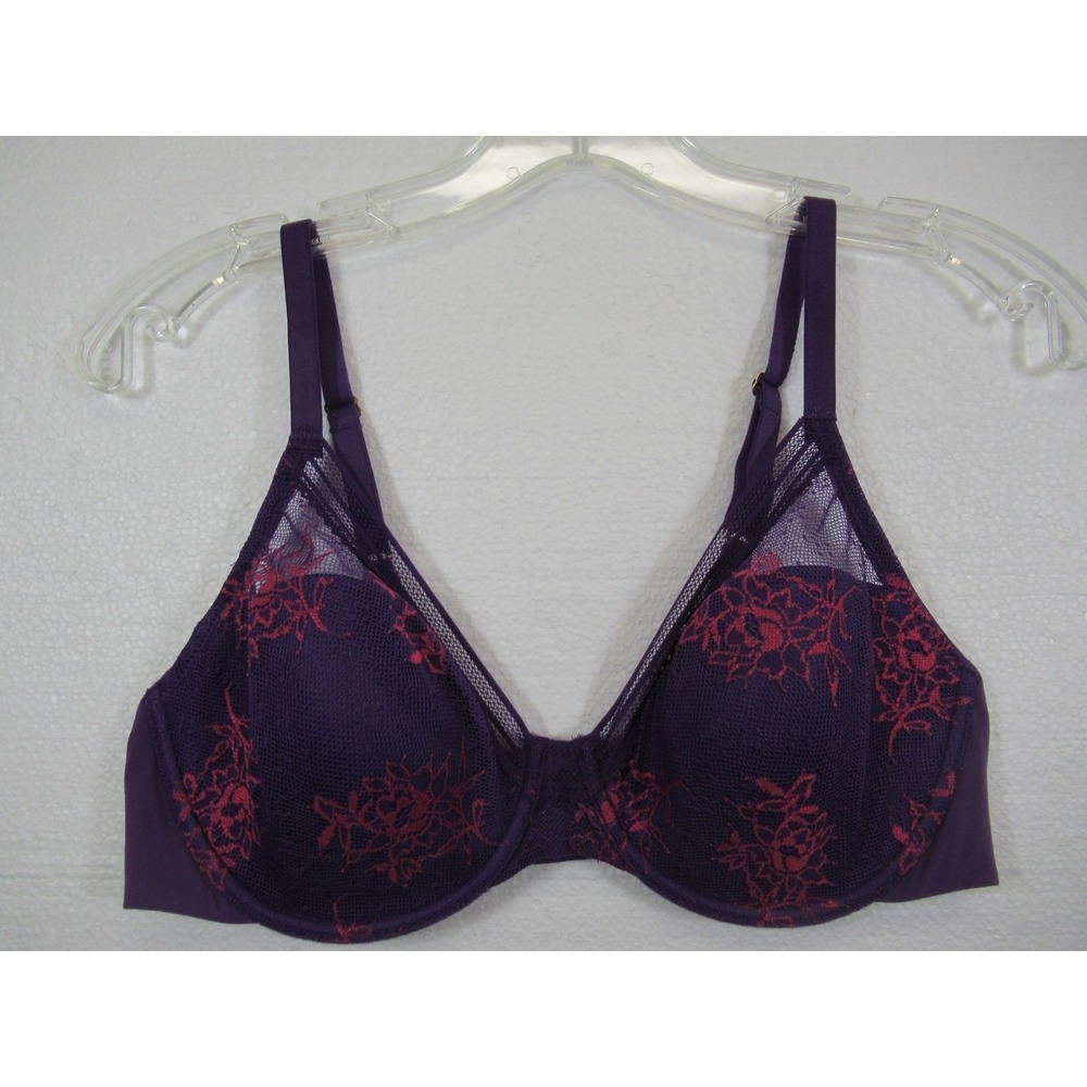 Natori Love Lace Plunge T-Shirt Bra 36C Purple Mesh Overlay Underwire 731351